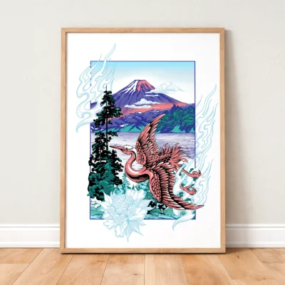 Japanese crane poster framed mount fuji wall art
