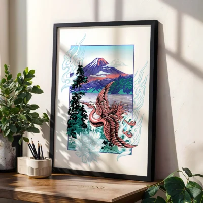 Japanese crane poster asian landscape wall decor