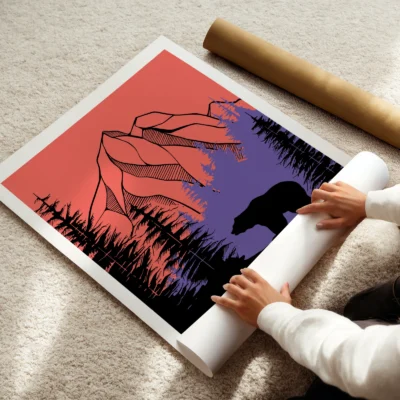 Bear poster mountain landscape rolled print