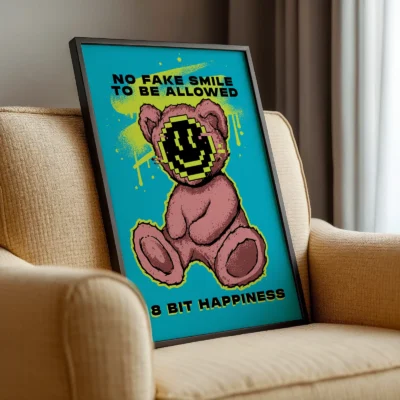 Teddy bear poster framed pixel smiley wall art