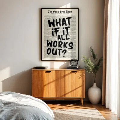 Newspaper poster retro wall decor above wooden cabinet