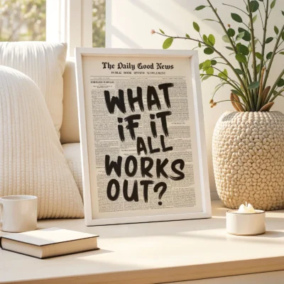 Newspaper poster retro typography wall art with plant