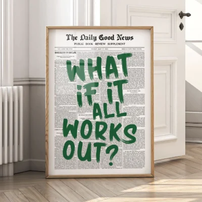 Newspaper poster green retro wall art leaning on floor