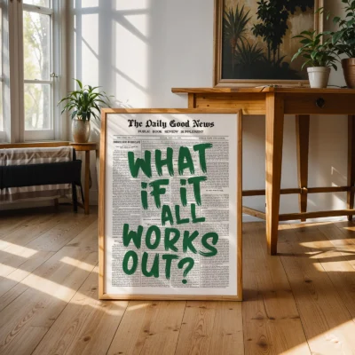 Newspaper poster green typography wall decor in living room
