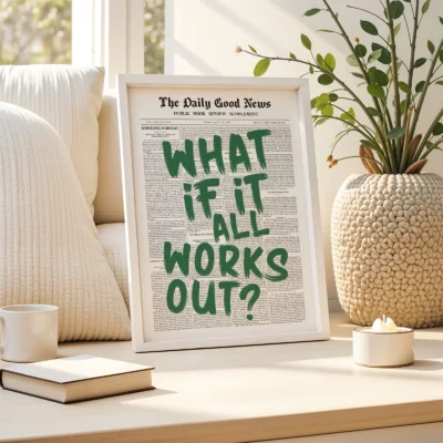 Newspaper poster green typography wall art with plant