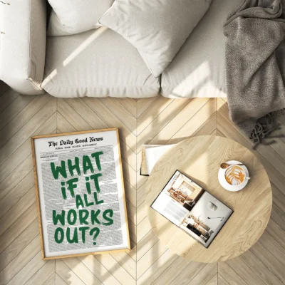 Newspaper poster green retro typography print on table