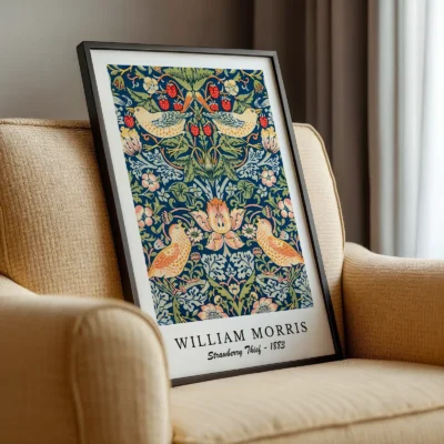 William Morris strawberry thief poster framed near armchair