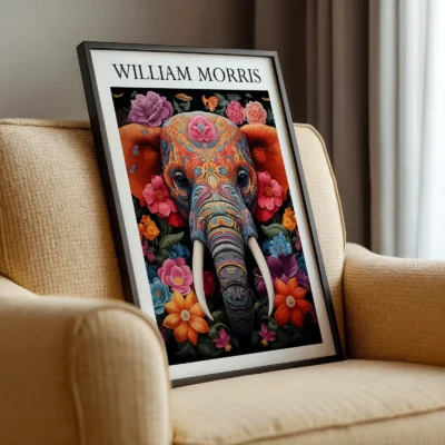 Elephant art print framed near armchair