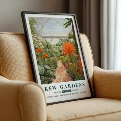 Kew Gardens poster framed near armchair