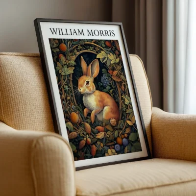 Bunny poster framed near armchair