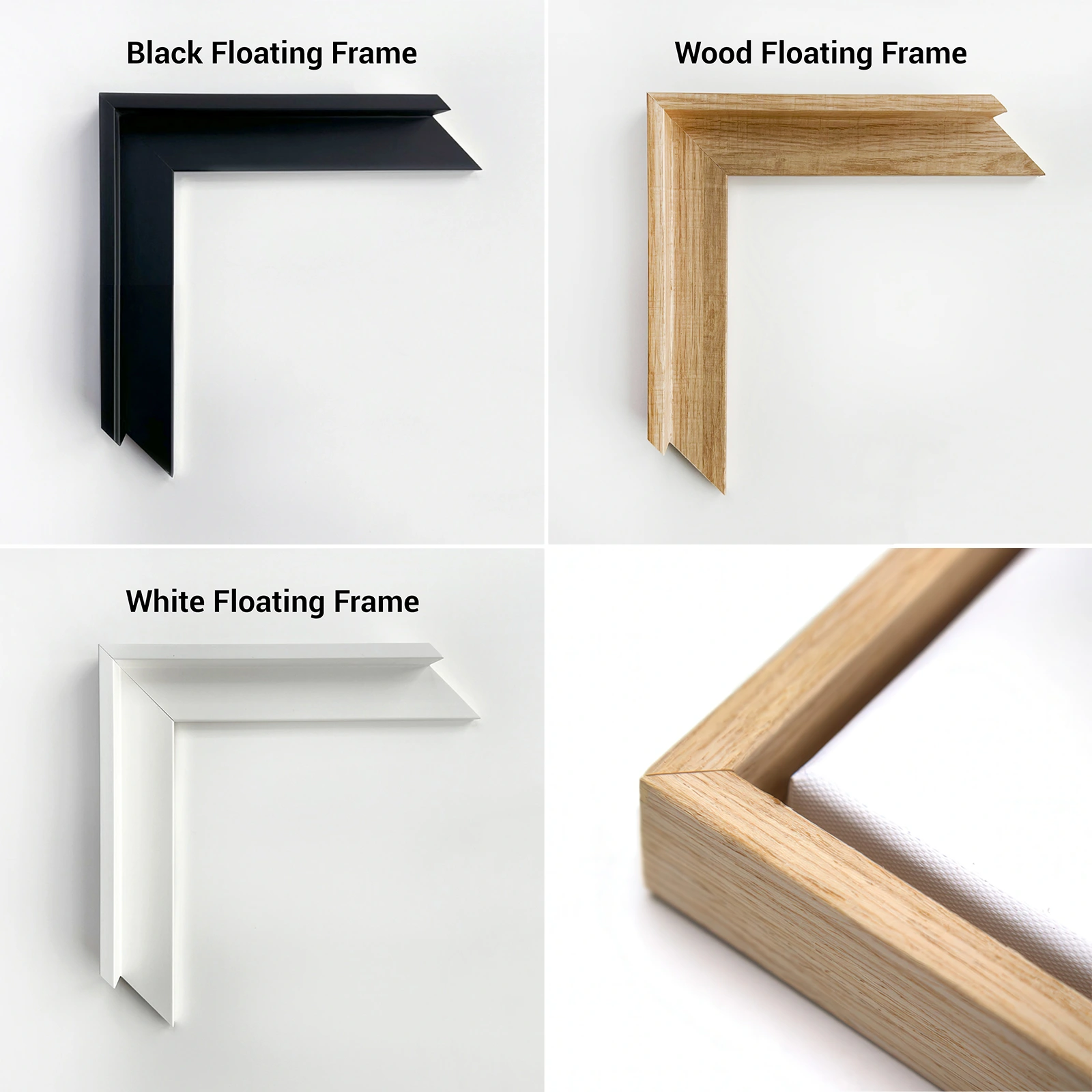 Black, wood and white floating frame options