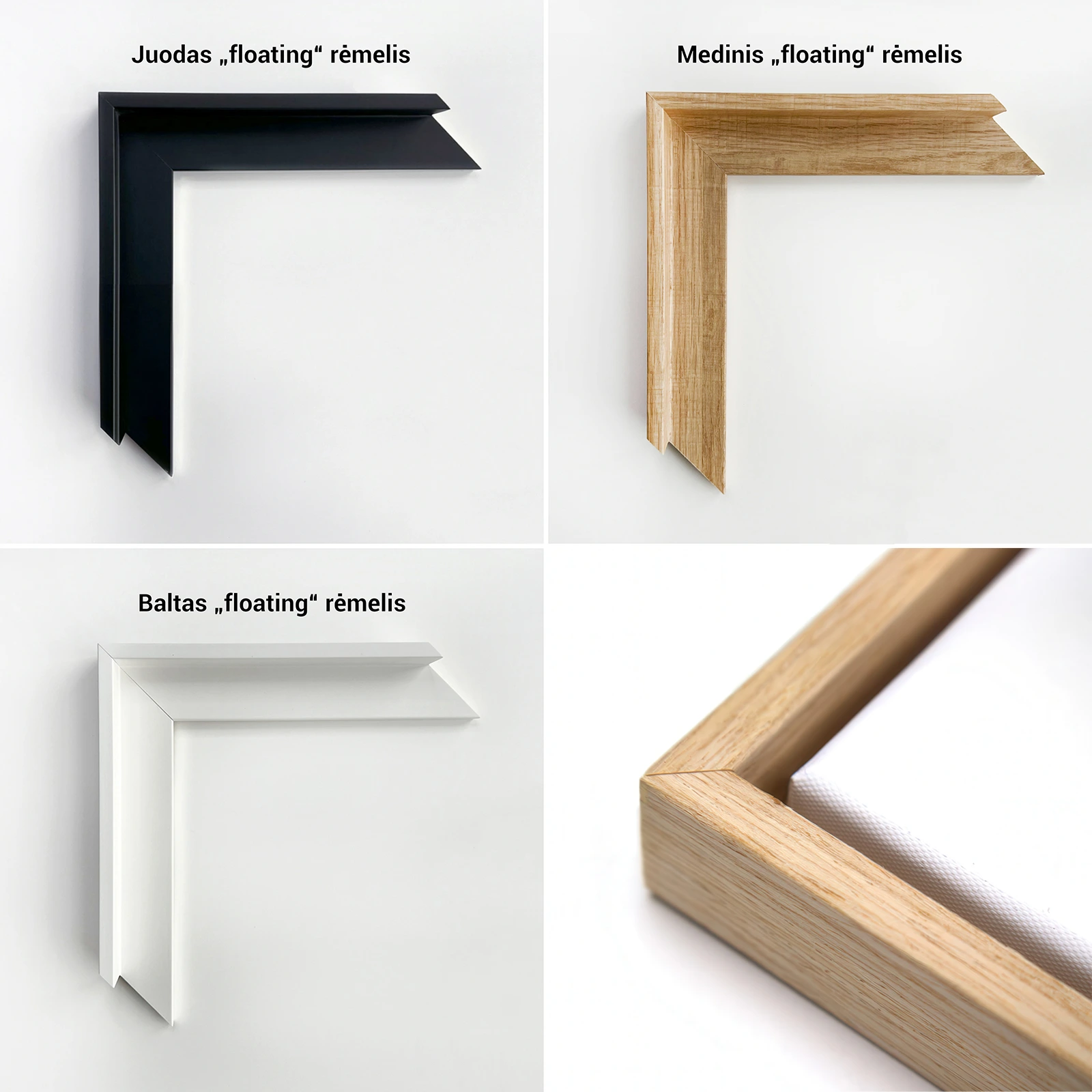 Black, wood and white floating frame options