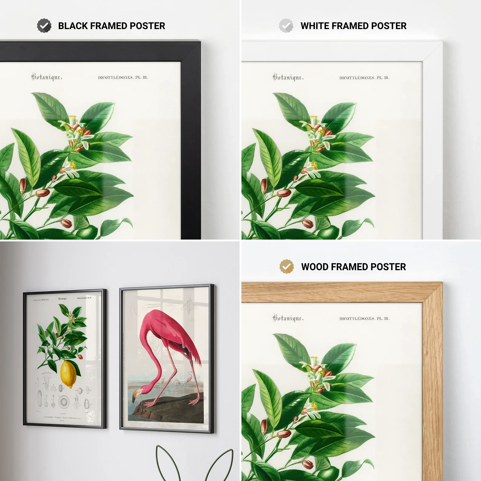 Black, white and wood framed poster options