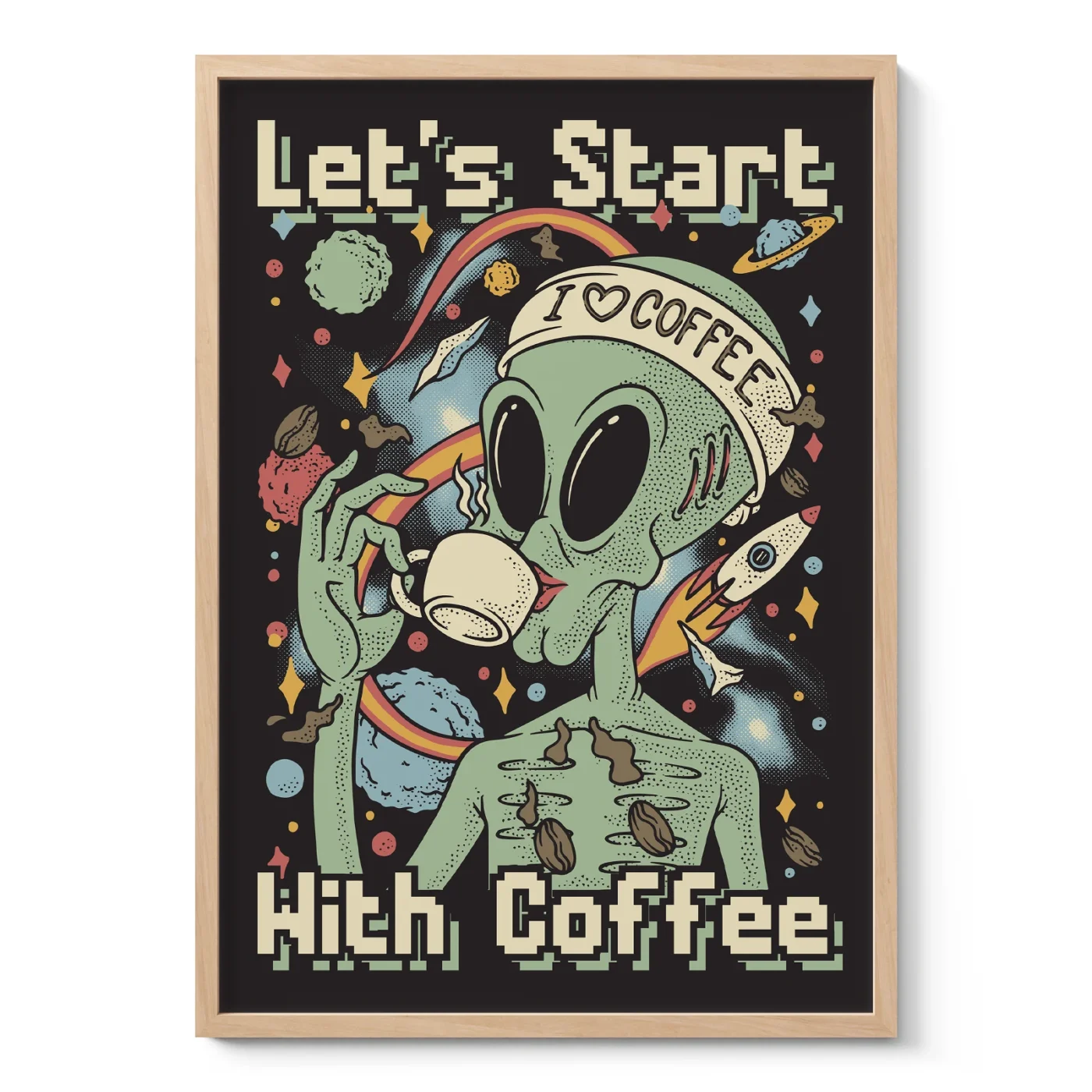 Funny Space Coffee Poster – Alien Art Print for Coffee Lovers