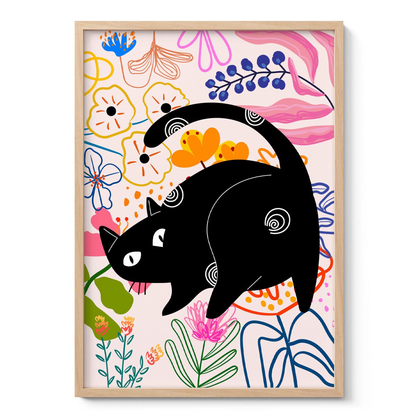 Black Cat Art Print with Flowers