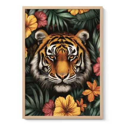 Wandbild – Tiger zwischen Blumen