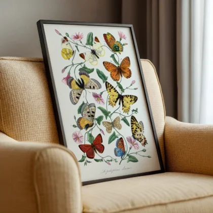 Vintage butterfly print featuring colorful butterflies and flowers