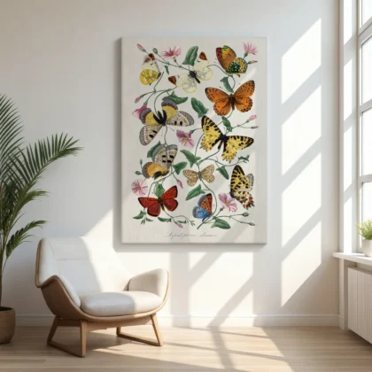 Vintage butterfly print hanging in a sunlit room