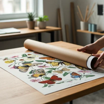 Vintage butterfly print being prepared for framing
