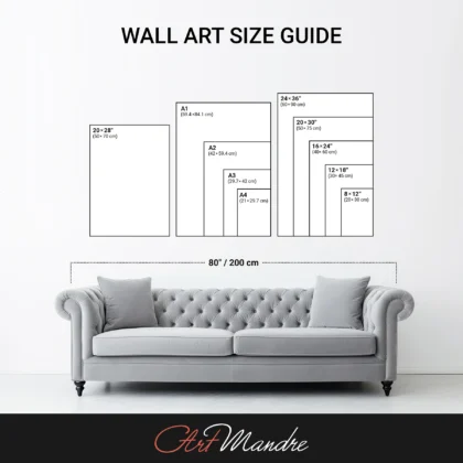 The image is a wall art size guide, showing the dimensions of various artworks in centimeters.