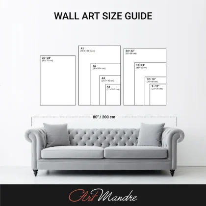 The image is a wall art size guide, showing the dimensions of various artworks in centimeters.