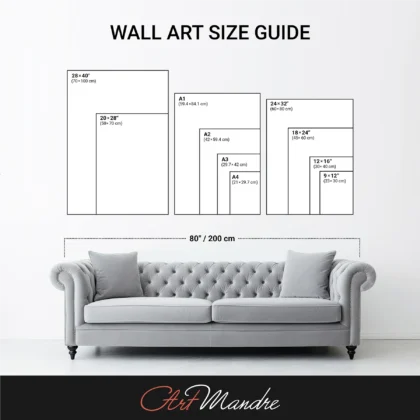 The image is a wall art size guide, showing the dimensions of various artworks in centimeters.