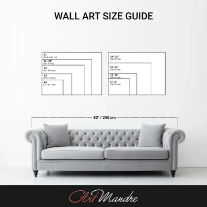 The image is a wall art size guide, showing the dimensions of various artworks in centimeters.