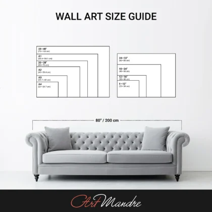 The image is a wall art size guide, showing the dimensions of various artworks in centimeters.