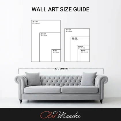 The image is a wall art size guide, showing the dimensions of various artworks in centimeters.