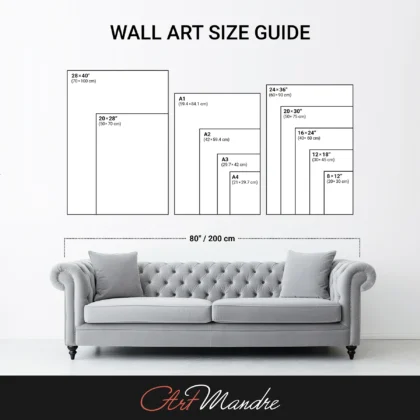 The image is a wall art size guide, showing the dimensions of various artworks in centimeters.