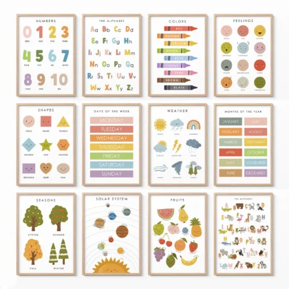 Kids educational wall posters set with 12 Montessori learning prints for nursery and playroom decor