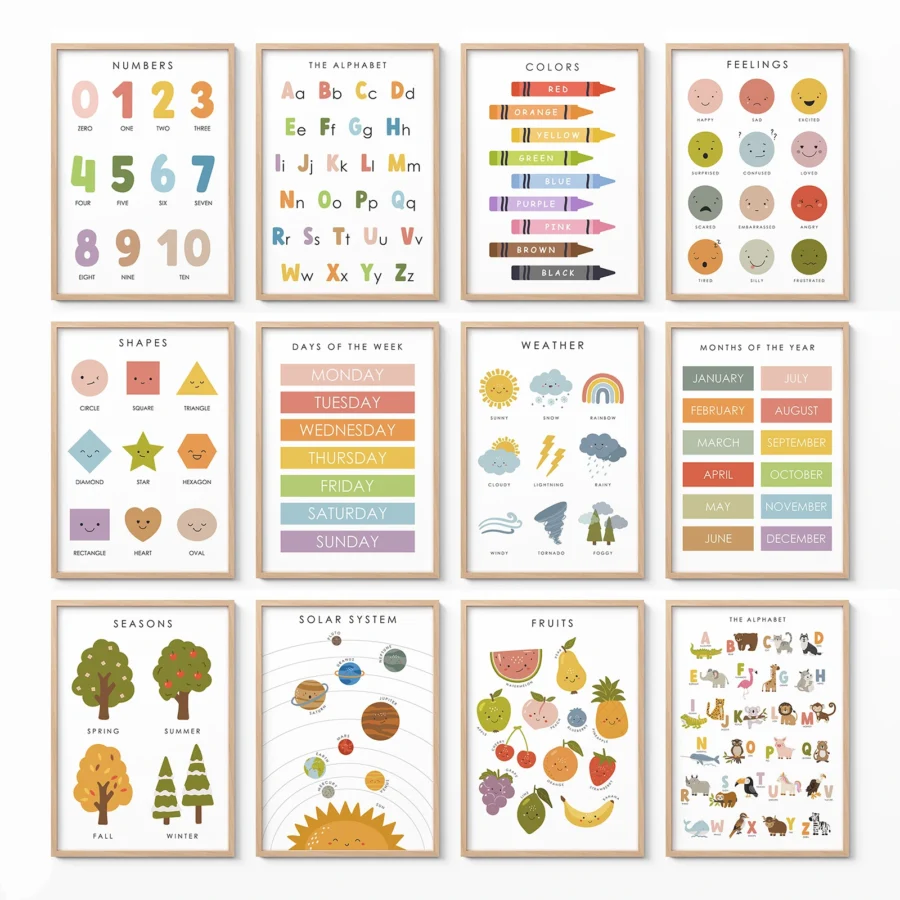 Kids educational wall posters set with 12 Montessori learning prints for nursery and playroom decor