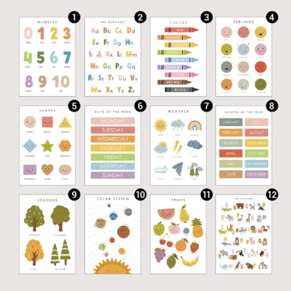 Montessori kids wall posters set showing all 12 educational poster designs with numbered layout