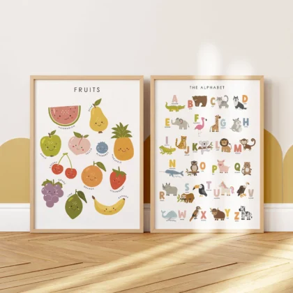Fruit and alphabet educational posters for kids nursery and playroom wall decor