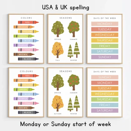 Kids educational posters with US or UK spelling and Monday or Sunday week options