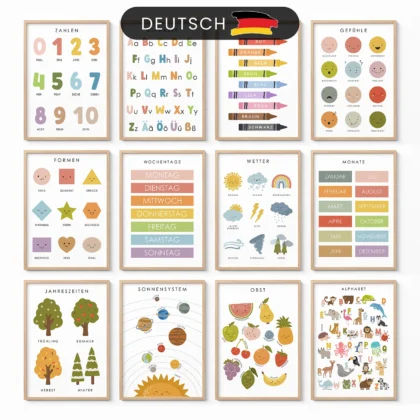 Montessori educational posters set with 12 kids learning wall art designs for nursery and playroom