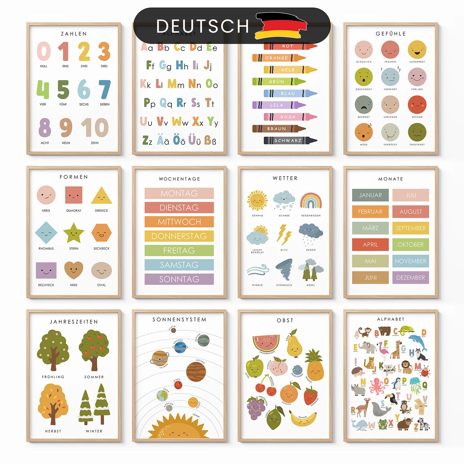 Montessori educational posters set with 12 kids learning wall art designs for nursery and playroom