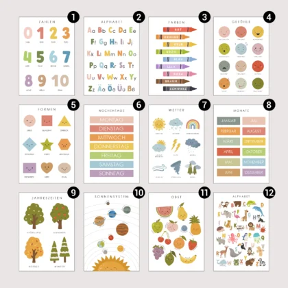 Montessori kids learning posters showing all 12 educational poster designs with numbered layout