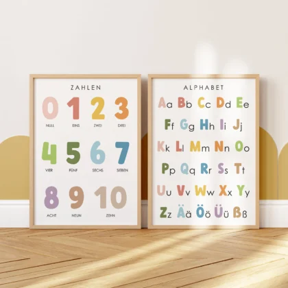 German alphabet and numbers Montessori educational posters for kids wall art