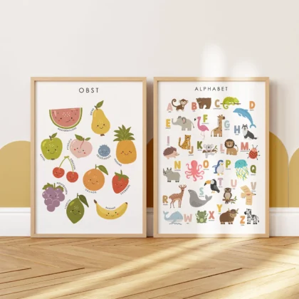German fruit and alphabet Montessori educational posters for nursery wall decor