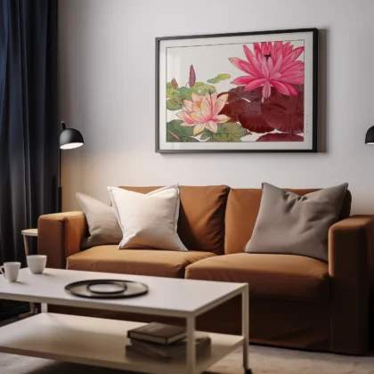 Pink Water Lilies – Japanese Botanical Print by Tanigami Konan