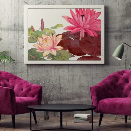 Pink Water Lilies – Japanese Botanical Print by Tanigami Konan