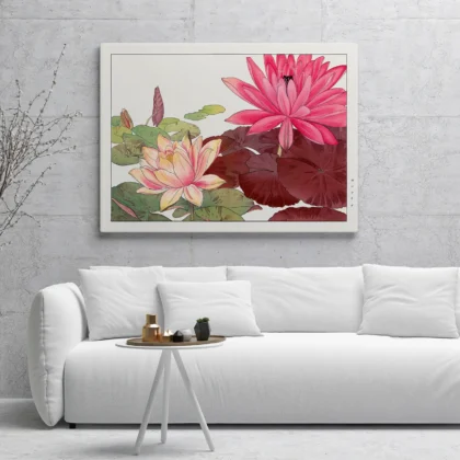 Pink Water Lilies – Japanese Botanical Print by Tanigami Konan