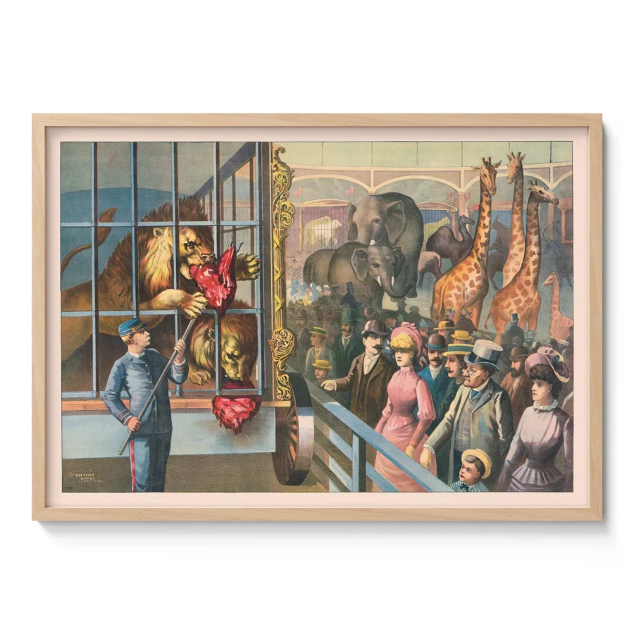 Vintage Circus Animal Poster – Lion Keeper Feeding Scene