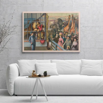 Vintage Circus Animal Poster – Lion Keeper Feeding Scene