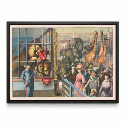 Vintage Circus Animal Poster – Lion Keeper Feeding Scene