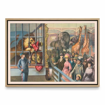 Vintage Circus Animal Poster – Lion Keeper Feeding Scene