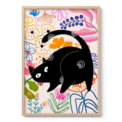 Black Cat Art Print with Flowers