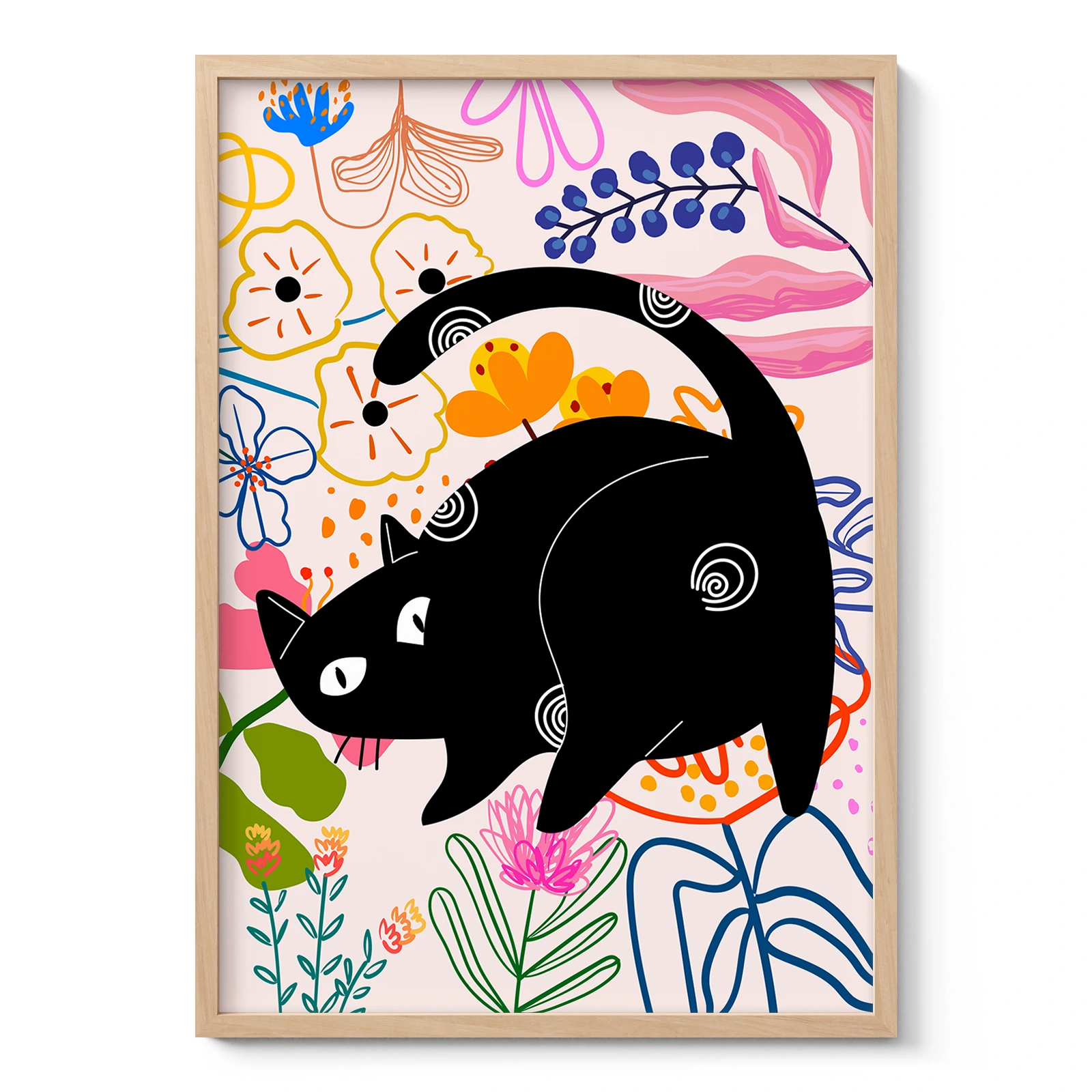Black Cat Art Print with Flowers