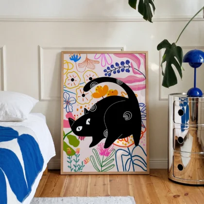 Black Cat Art Print with Flowers